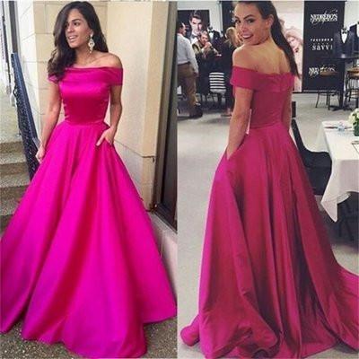 Off-the-Shoulder with Pockets Open Back Scoop A-line Simple Cheap Long Prom Dresses WK867