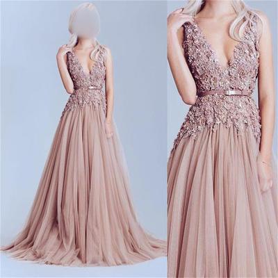 New Fashion Dusty Pink Tulle Off Shoulder Lace Long Elegant Party Prom Dress WK102