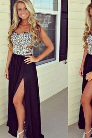 Sexy A-line Backless Long Black Beaded Bodice Slit Side Chiffon Evening Prom Dresses WK15