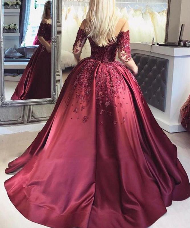 2024 Dark Red Lace Long Sleeve Prom Dress Off-the-Shoulder Ball Gown Quinceanera Dress WK392