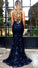 Mermaid Deep V Neck Royal Blue Lace Appliques Backless Spaghetti Straps Prom Dresses WK893