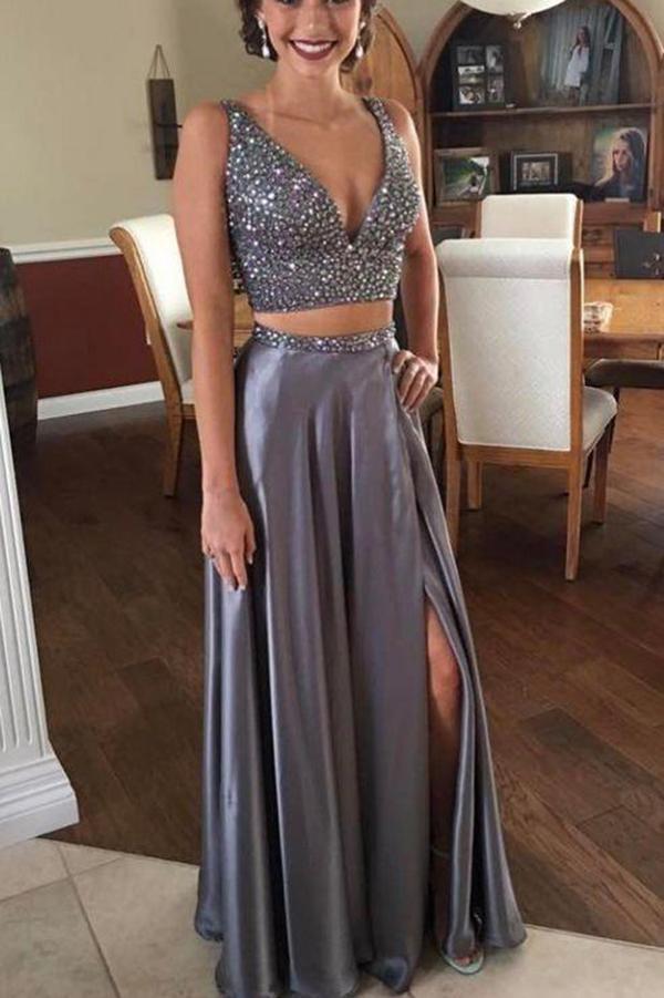 Sexy A Line Two Pieces V Neck Satin Split Side With Beading Prom Dresses WK42