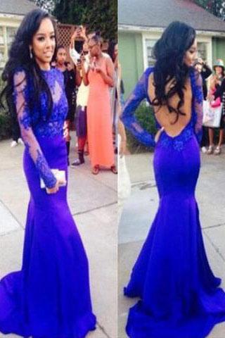Sexy Mermaid High Neck Royal Blue Long Sleeve Open Back Lace Prom Dresses WK09