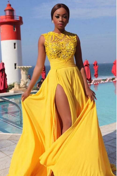 Sexy Elegant A line Yellow Chiffon Cap Sleeves Lace Evening Prom Dresses WK796