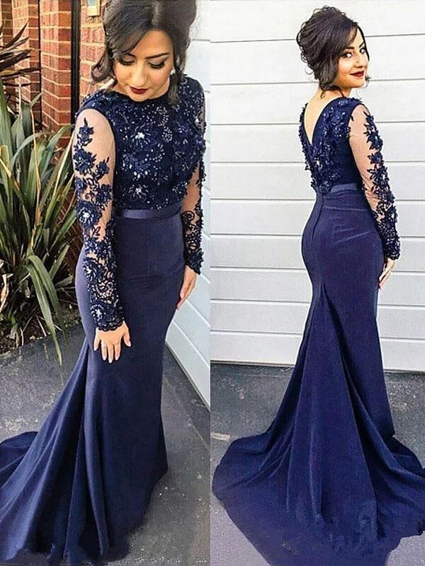 Mermaid Lace Scoop Navy Blue Beads High Neck Long Sleeve Plus Size Prom Dresses WK161