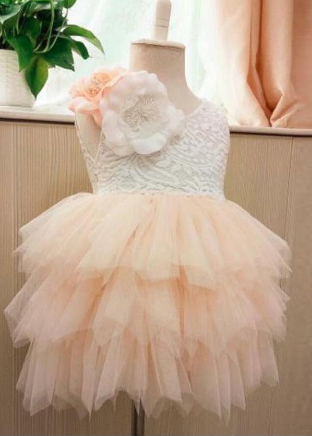 Princess Cute Pink Lace Tulle Flower Girl Dresses Layered Open Back Lovely Tutu Dresses WK776