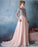Scoop A-line Pink Chiffon with Silver Lace Appliqued Long 3/4 Sleeves Prom Dresses WK311