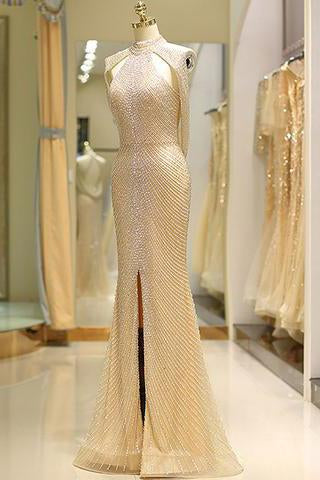 Mermaid High Neck Floor Length Split Gold Prom Dresses with Sequins Beading WK79