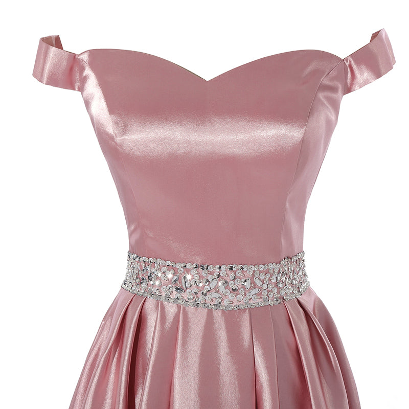 Pearl Pink A-line Off the Shoulder Sweetheart with Pockets Long Senior Prom Dresses WK769
