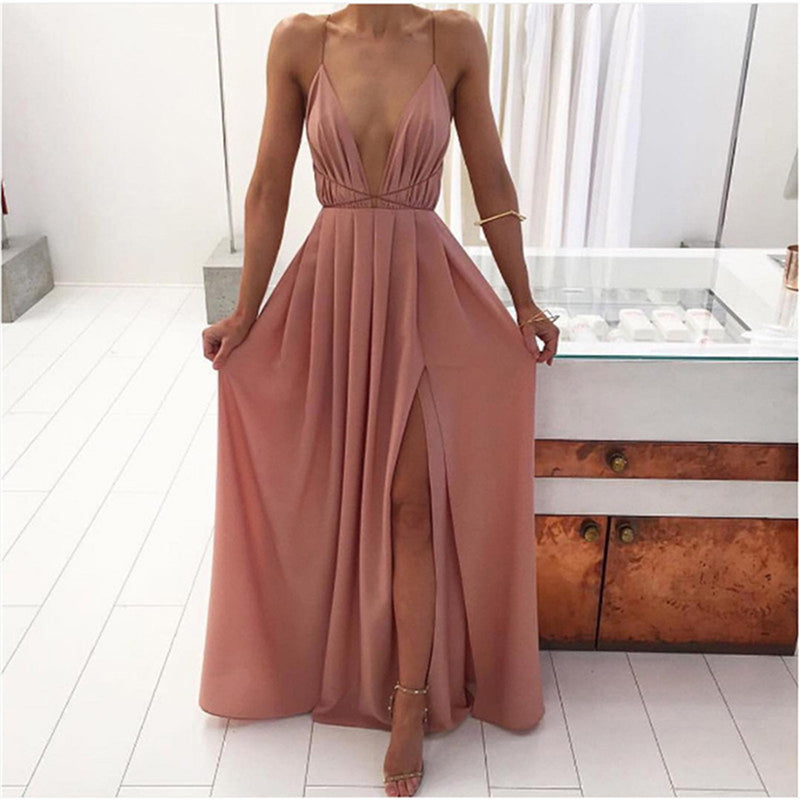 New Style Sexy Backless Long V-Neck Halter Sleeveless Simple Cheap Pink Prom Dresses WK773