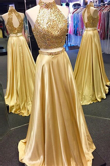 New Arrival Gold Two Pieces High Neck Pretty Sparkly Evening Party Prom Dress PD0062