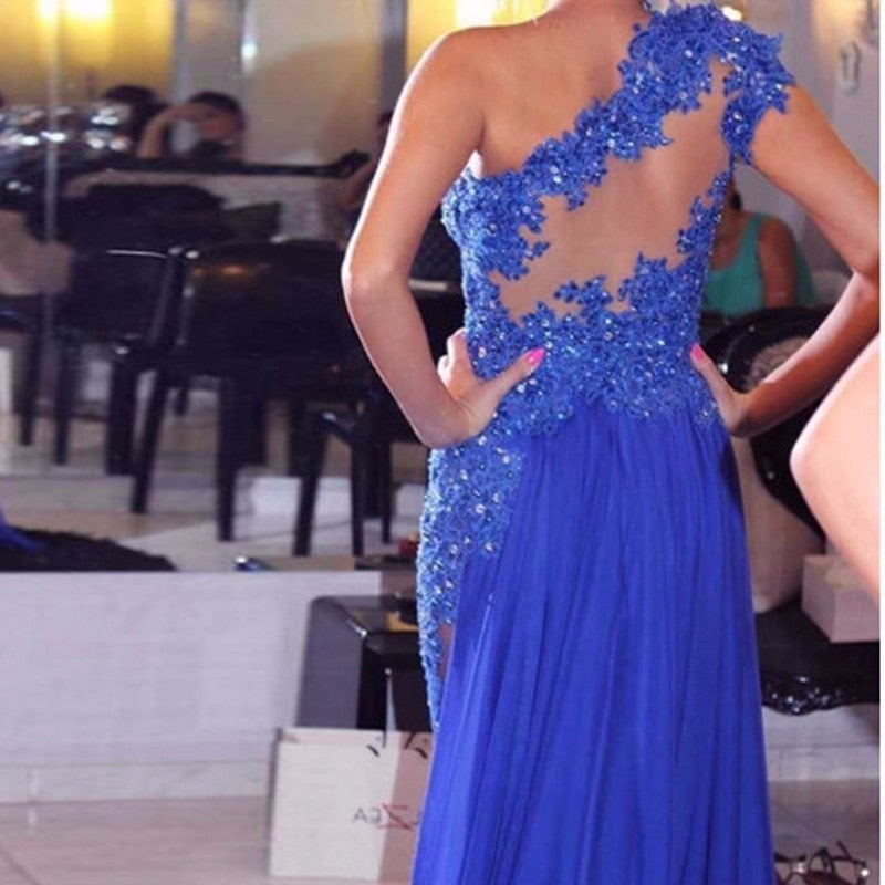 One Shoulder A-Line Long Cheap Prom Dresses Royal Blue Evening Dress Prom Gowns WK129