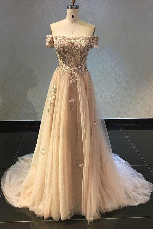 Luxurious A Line Off The Shoulder Evening Dress Long Prom Dress with Appliques WK565
