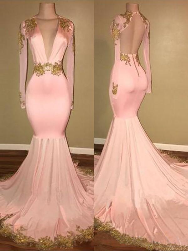 Mermaid Appliques Deep V Neck Long Sleeve Prom Dresses Long Cheap Evening Dress WK761