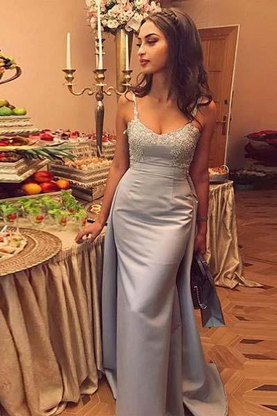 Mermaid Gray Spaghetti Straps Sweetheart Satin Detachable Prom Dresses with Appliques WK368