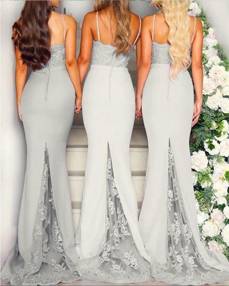 Mermaid Grey Spaghetti Straps Sweetheart Lace Satin Bridesmaid Dresses WK419
