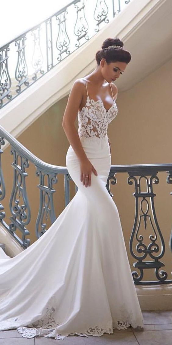 Mermaid Ivory Spaghetti Straps V Neck Wedding Dresses Lace Satin Bridal Dresses WK661