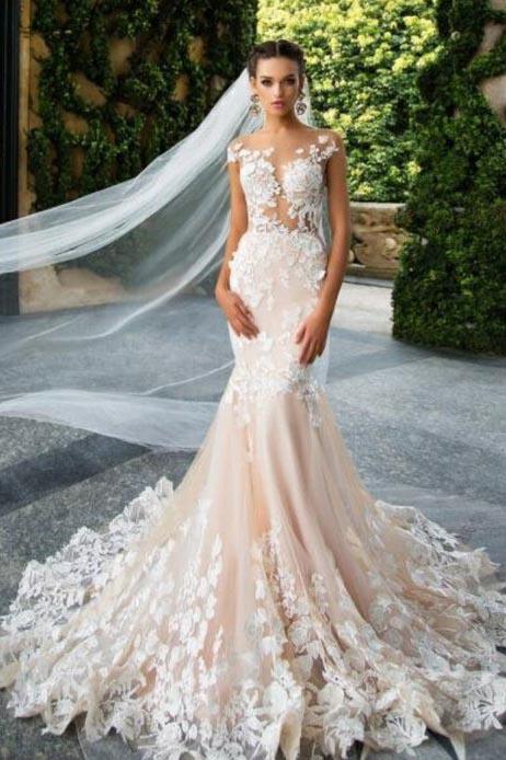 Mermaid Light Pink Backless Lace Appliques Wedding Dresses Short Sleeve Bridal Dress WK510