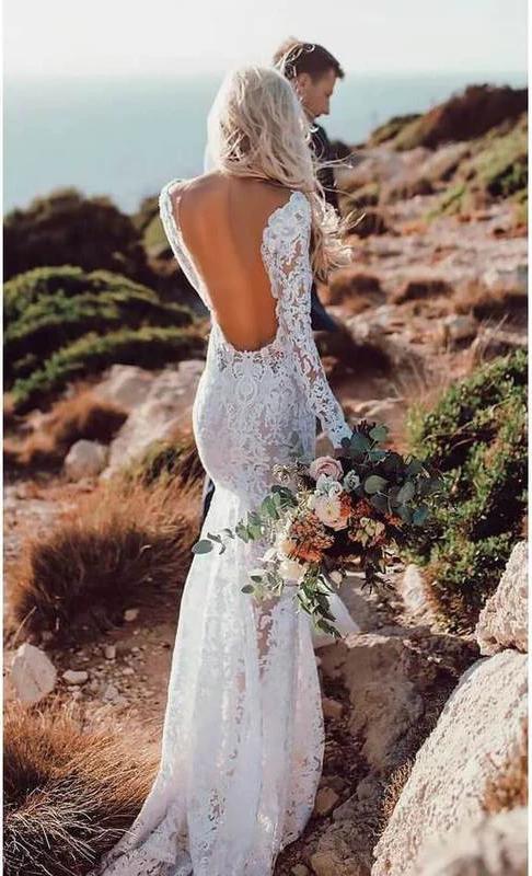 Mermaid Long Sleeve Lace Beach Wedding Dresses Backless V Neck Boho Wedding Gowns W1064