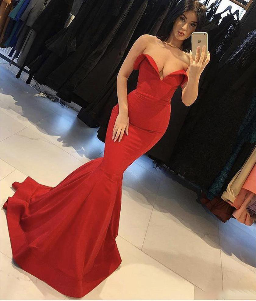 Mermaid Red V Neck Strapless Prom Dresses Long Cheap Satin Party Dresses WK645