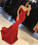 Mermaid Red V Neck Strapless Prom Dresses Long Cheap Satin Party Dresses WK645