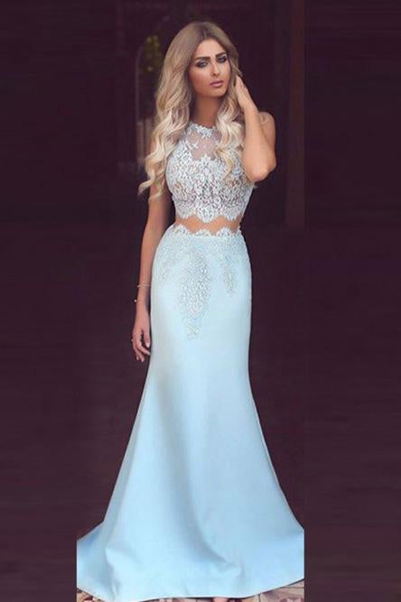 Mermaid Round Neck Sky Blue Satin Prom Dress with Lace Evening Dresses WK642