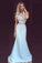 Mermaid Round Neck Sky Blue Satin Prom Dress with Lace Evening Dresses WK642