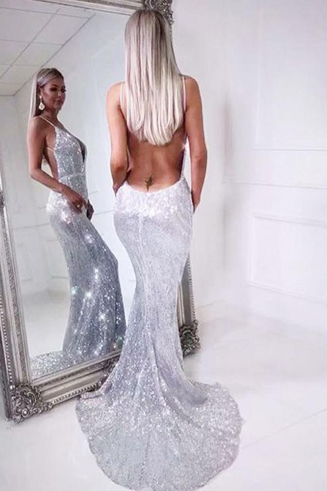 Mermaid Spaghetti Straps Silver Sequins V Neck Backless Prom Dresses Long Evening Dress WK697