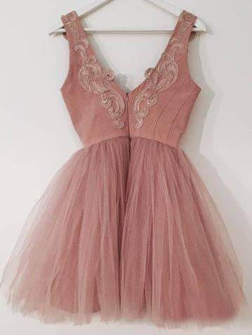 Mini Blush Pink Short Homecoming Dresses with V Neck Appliqued Tulle Prom Dresses WK955
