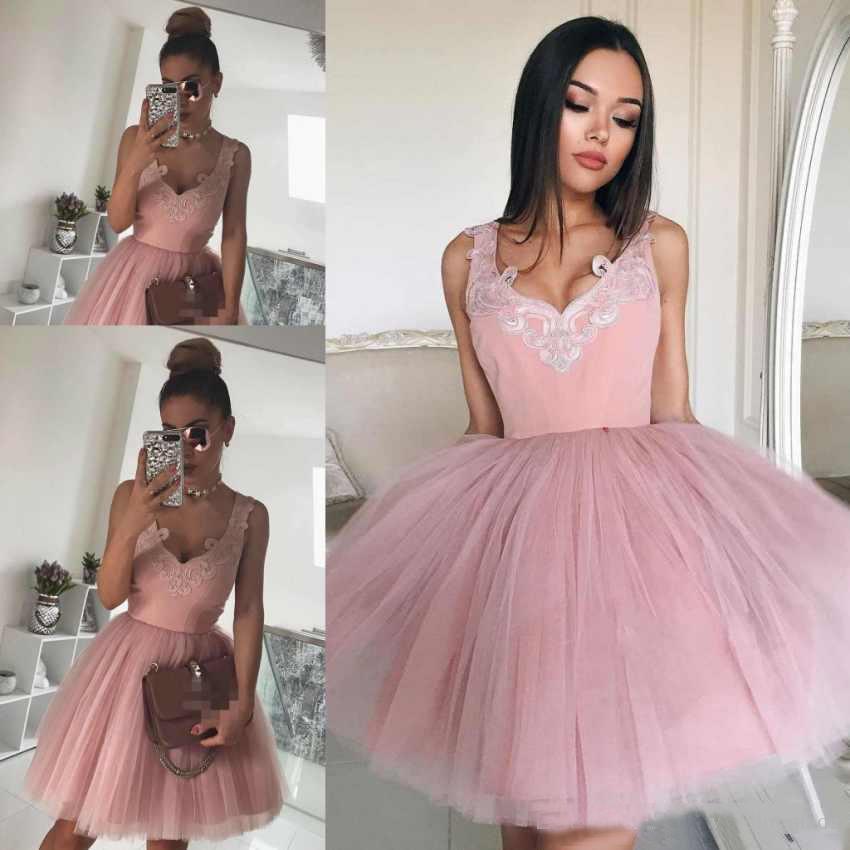 Mini Blush Pink Short Homecoming Dresses with V Neck Appliqued Tulle Prom Dresses WK955