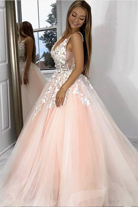 Princess V Neck Pink Long Tulle Lace Appliques Open Back Party Dress Prom Dresses WK66