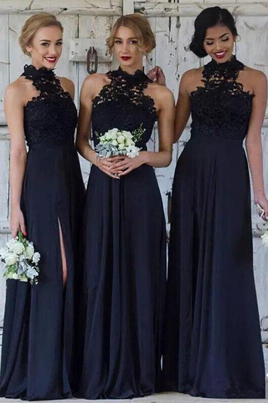 Navy Blue Halter Lace Appliques Bridesmaid Dresses Top Chiffon Side Split Prom Dresses WK342