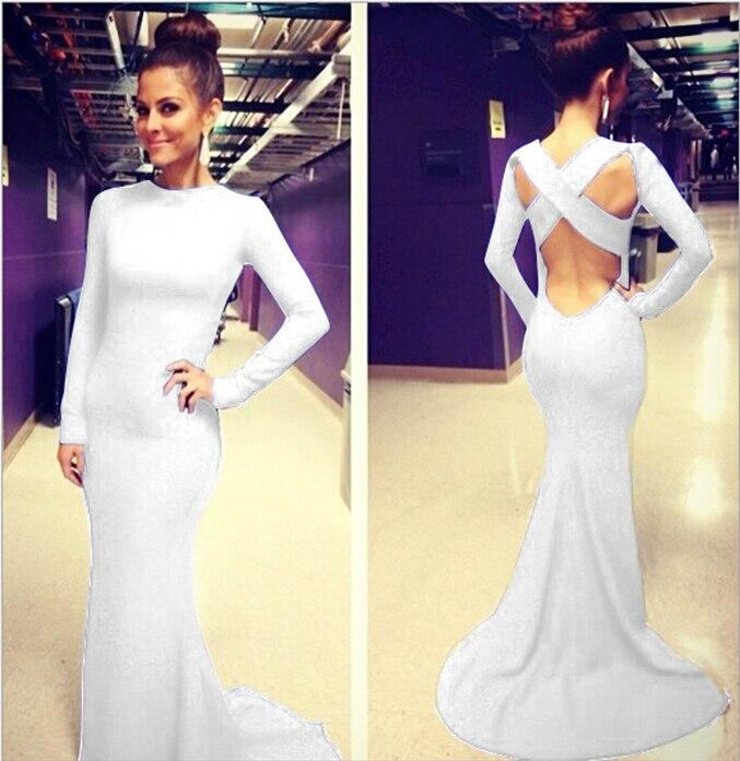 Open Back White Prom Dresses With Long Sleeves Tight Backless Royal Blue Prom Gown WK153