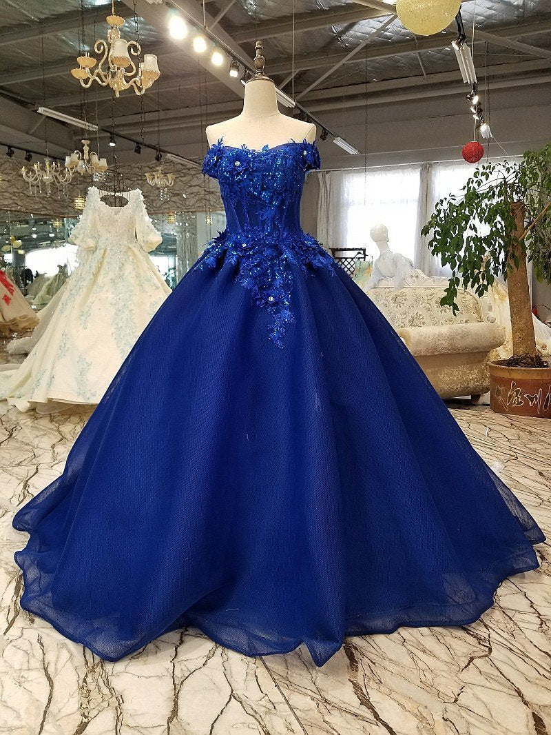 Off Shoulder Royal Blue Evening Dresses with 3D Floral Lace Ball Gown Quinceanera Dresses WK491