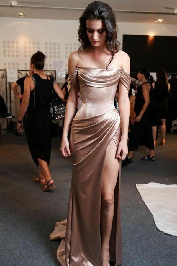 Off the Shoulder High Slit Prom Dress with Ruffles Mermaid Brown Long Formal Dress WK489