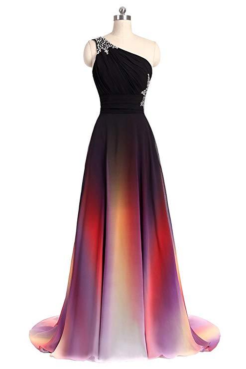 One Shoulder Ombre Chiffon Prom Dresses Lace up A Line Beads Ruffles Prom Gowns WK531