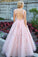 Pink Scoop Lace Appliques Prom Dresses with Tulle Open Back Beads Formal Dresses P1094