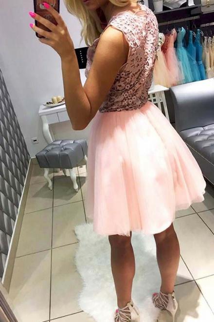 Pink Tulle V Neck Homecoming Dresses with Lace Short Straps Cocktail Party Dresses H1120