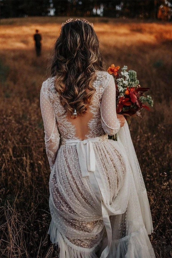 Polka Dot Long Sleeve Boho Wedding Dresses Lace Bohemian Backless Wedding Gowns W1055