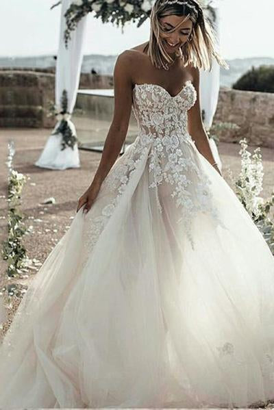 Princess A Line Sweetheart Tulle Lace Applique Ivory Wedding Dress Long Bridal Dresses WK921