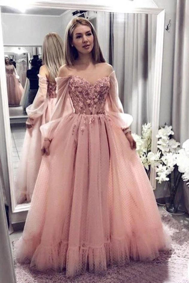 Princess Ball Gown Blush Pink Lace Off the Shoulder Prom Dresses With Long Sleeves P1098
