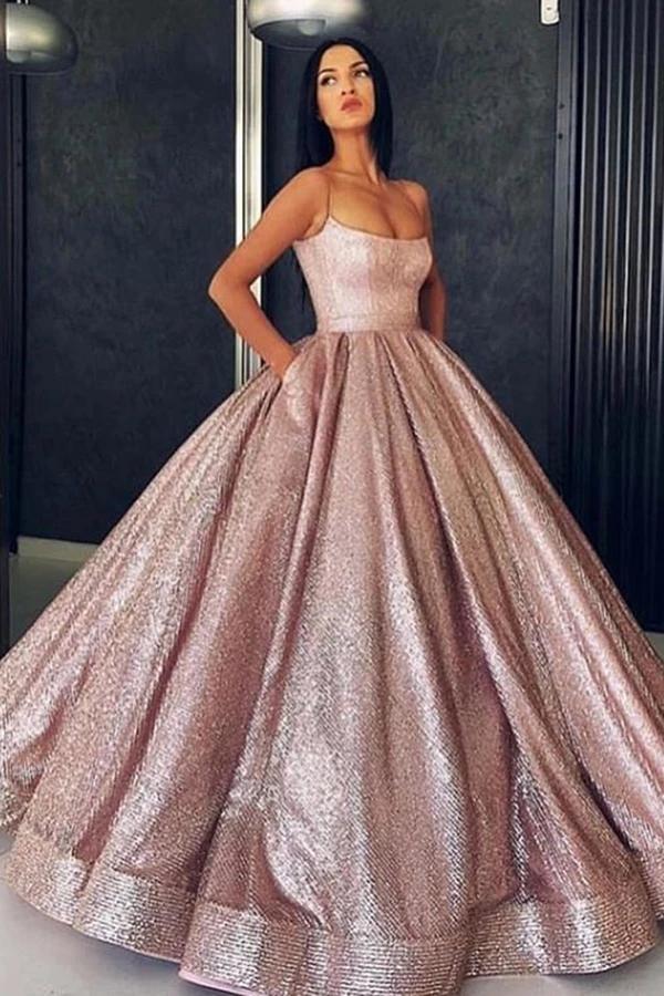 Princess Rose Gold Spaghetti Straps Sleeveless Ball Gown Prom Dress with Pockets P1140