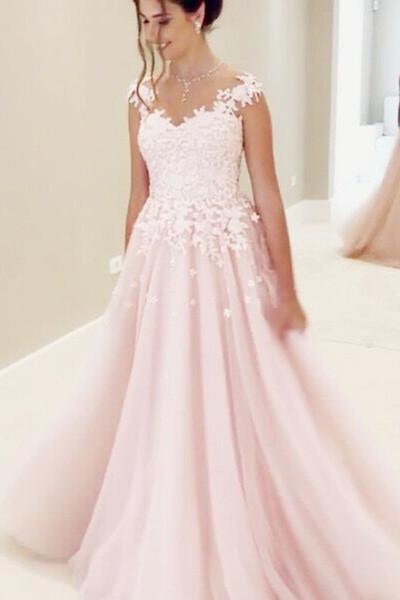 Princess pink organza lace A-line long prom dress with straps for teens