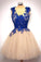 Navy blue lace tulle round neck A-line short party dress Party Dresses WK392