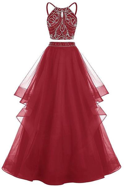 Red tulle two pieces sequins A-line long evening dress，prom dress