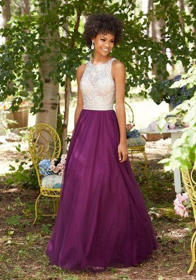 Purple Chiffon Round Neck Sequins Long Sleeveless Floor-Length Prom Dresses WK815