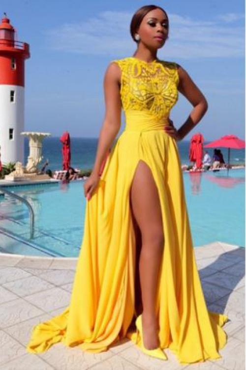 Sexy Elegant A line Yellow Chiffon Cap Sleeves Lace Evening Prom Dresses WK796