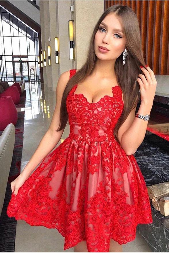 Red A Line Straps Homecoming Dress for Teens with Appliques Appliqued Prom Dress H1310