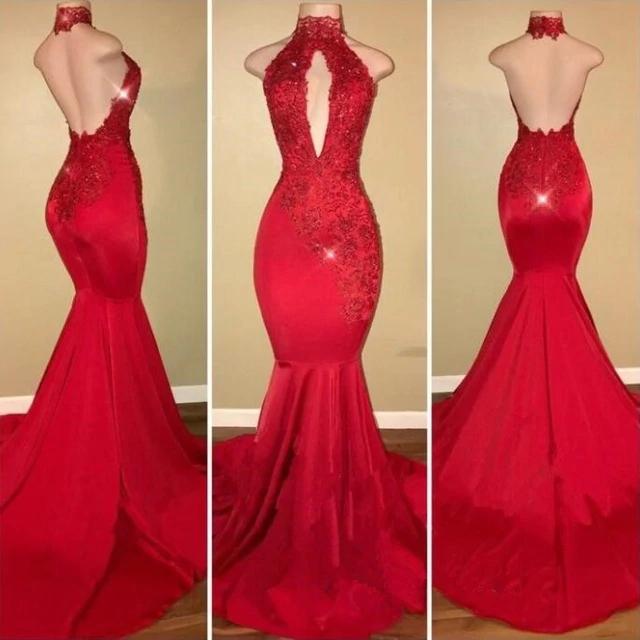 Red Mermaid High Neck Backless Satin Prom Dresses Long Cheap Evening Dresses WK909