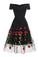 Retro Off the Shoulder V Neck Tulle Black Short Sleeve Party Dress with Red Flowers H1195